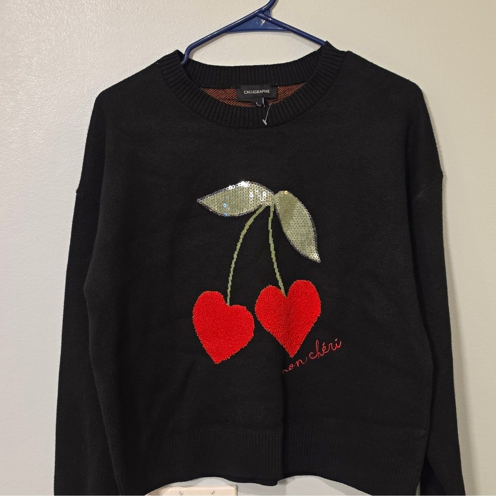 Calligraphie Women's L Black Knit Crew Neck Heart Cherry Pullover Sweater #126